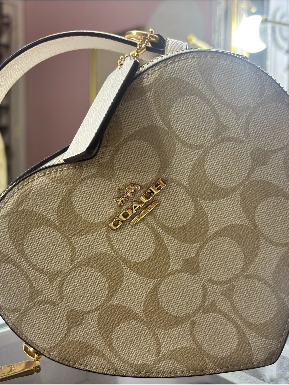 Coach Beige Signature Heart Mini Bag with Gold Logo